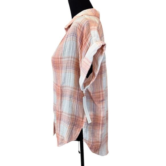 NEW CASLON NORDSTROM White Orange Plaid Short Sleeve Button-Up Shirt Size S - Picture 3 of 5